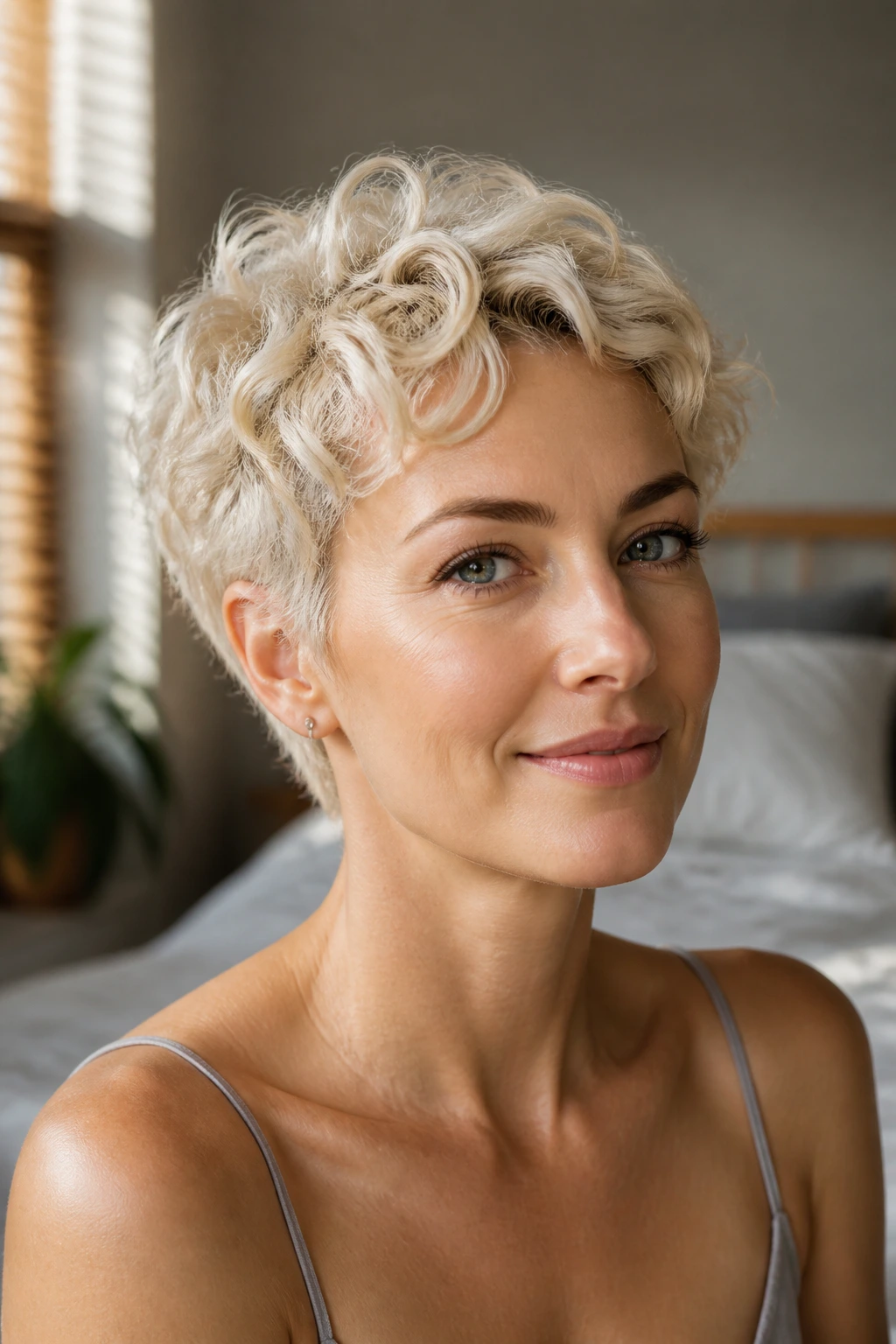 Portrait of a real person with platinum curly pixie and natural waves.
