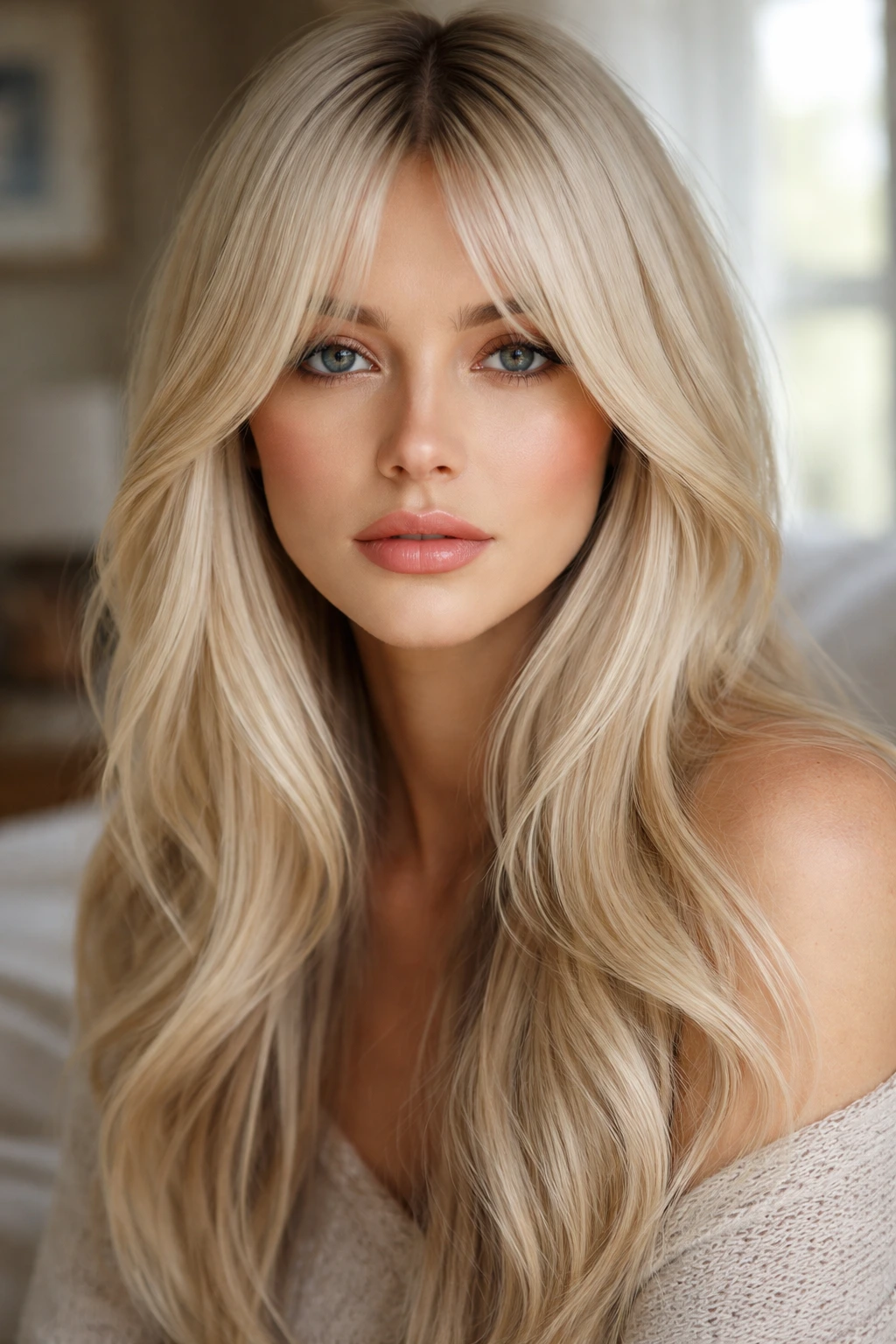 Close-up of a person with platinum curtain bangs in window light
