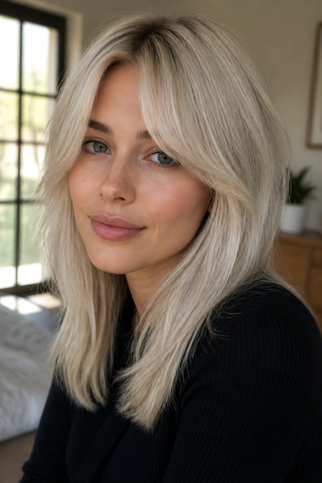 Close-up of platinum curtain bangs with a soft center part framing the face.