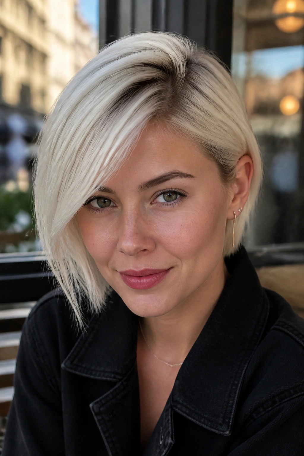 Close-up portrait of a real woman with a deep side-part fringe on platinum hair.