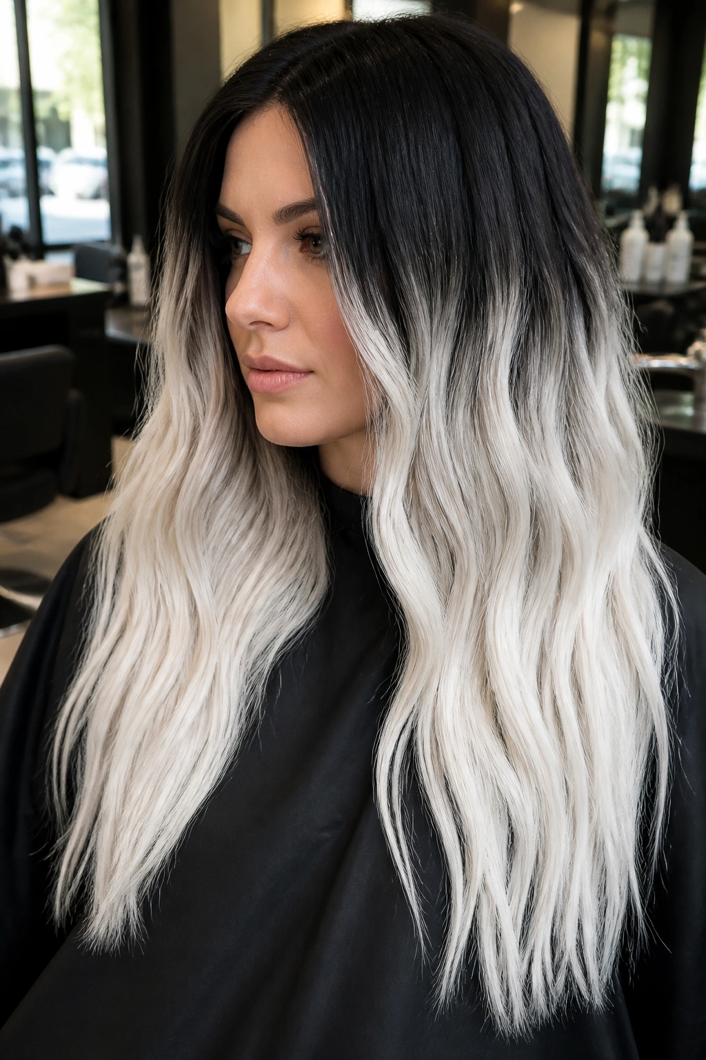 Close-up of a woman with platinum dip-dye ombre hair and sharp color transition