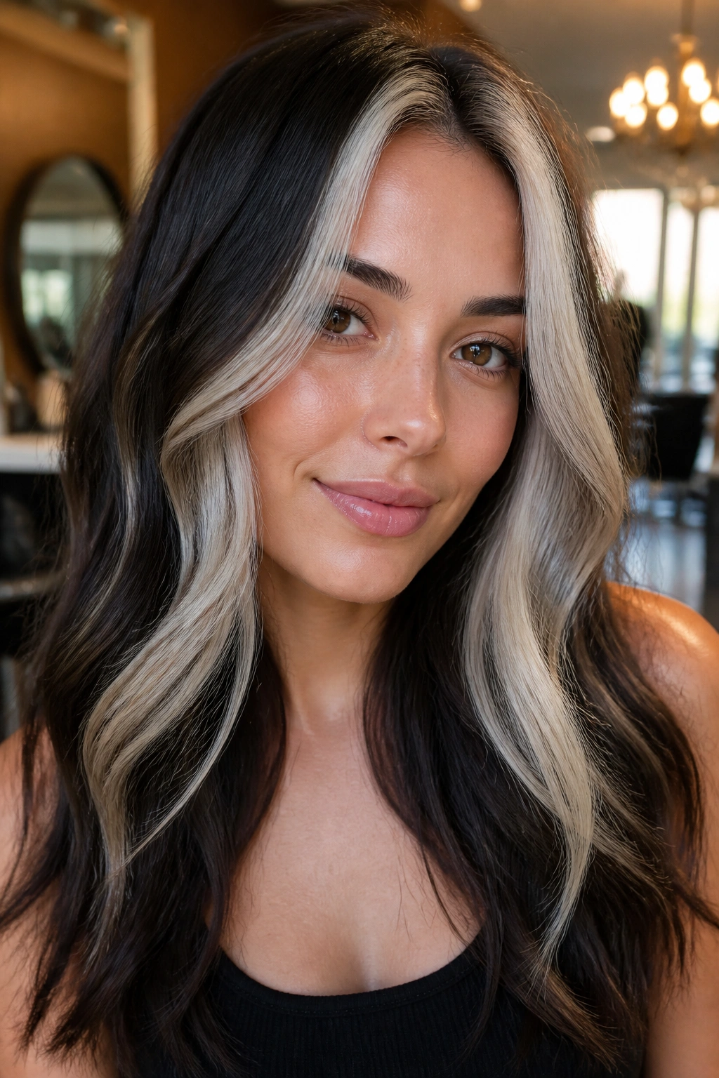 Close-up portrait of brunette hair with platinum-edge face framing