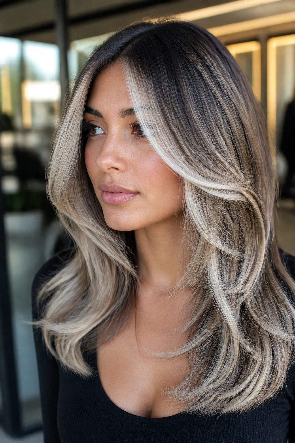 Portrait with platinum-edge highlights on layered hair