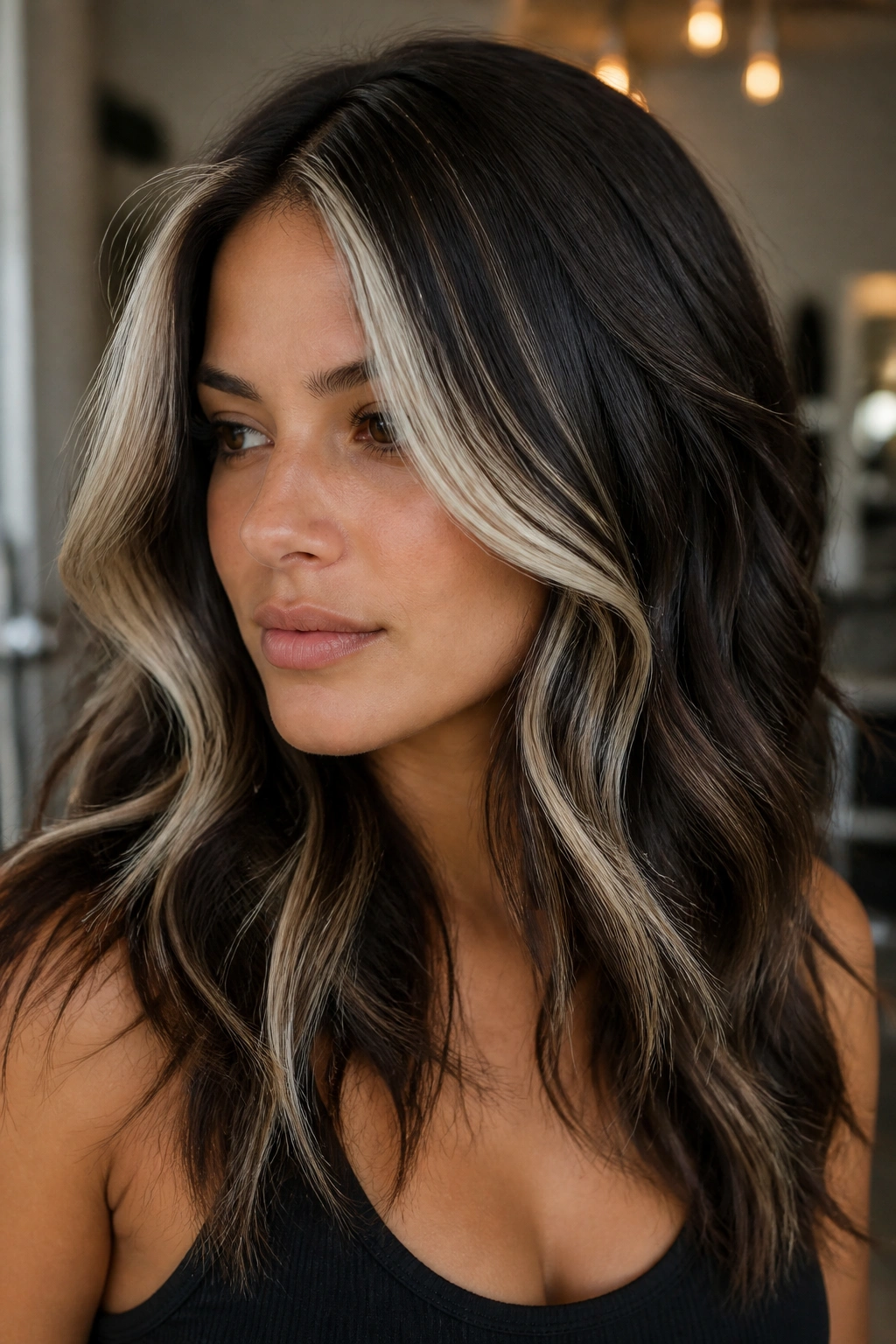 Close-up of a woman with platinum-edged highlights on dark brown hair