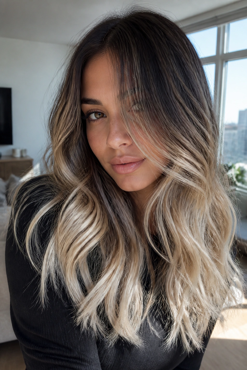 Close-up of a woman with dark brown hair and platinum-leaning ends.