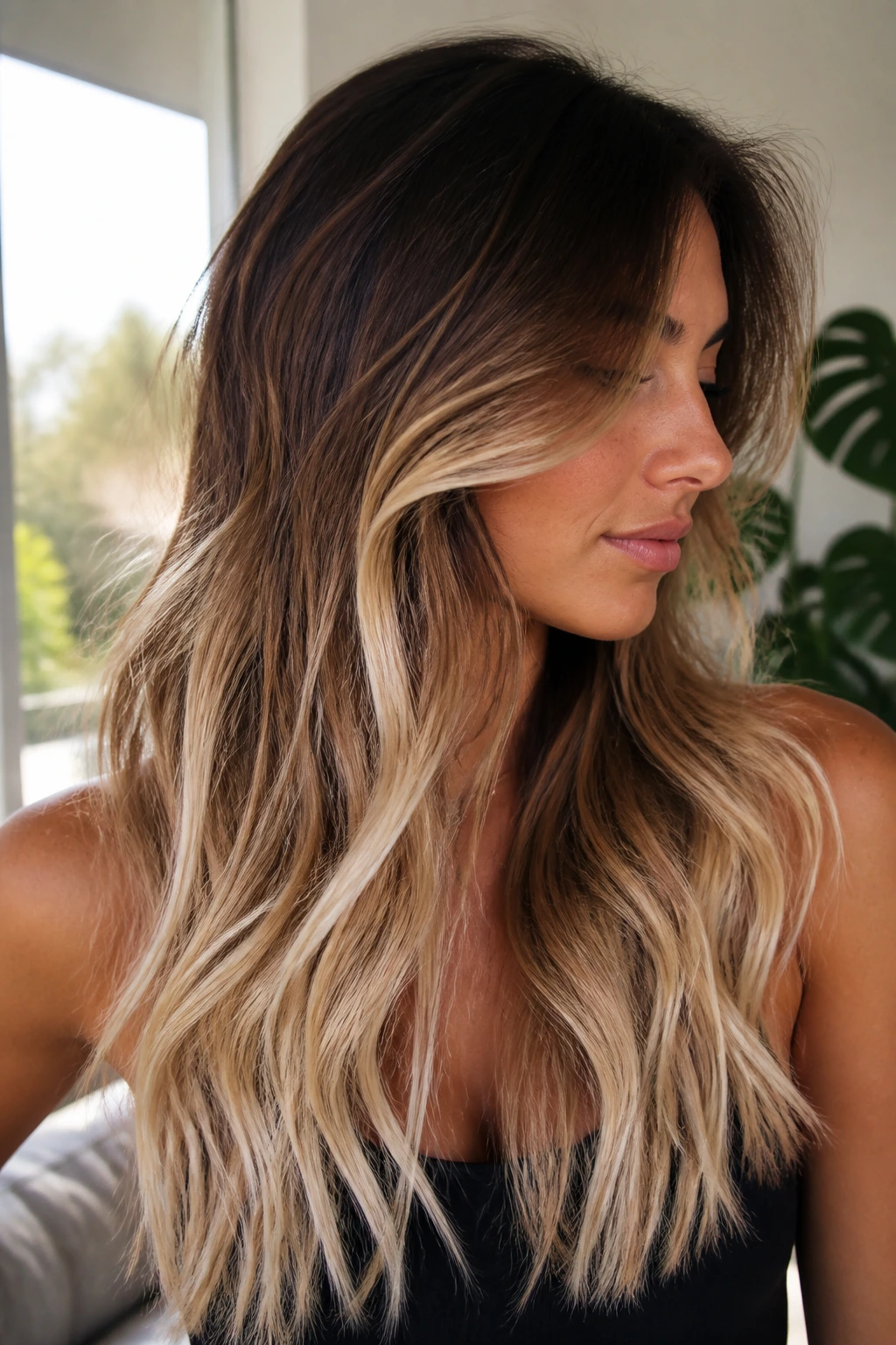 Close-up of a real woman with platinum ends on long chocolate layers