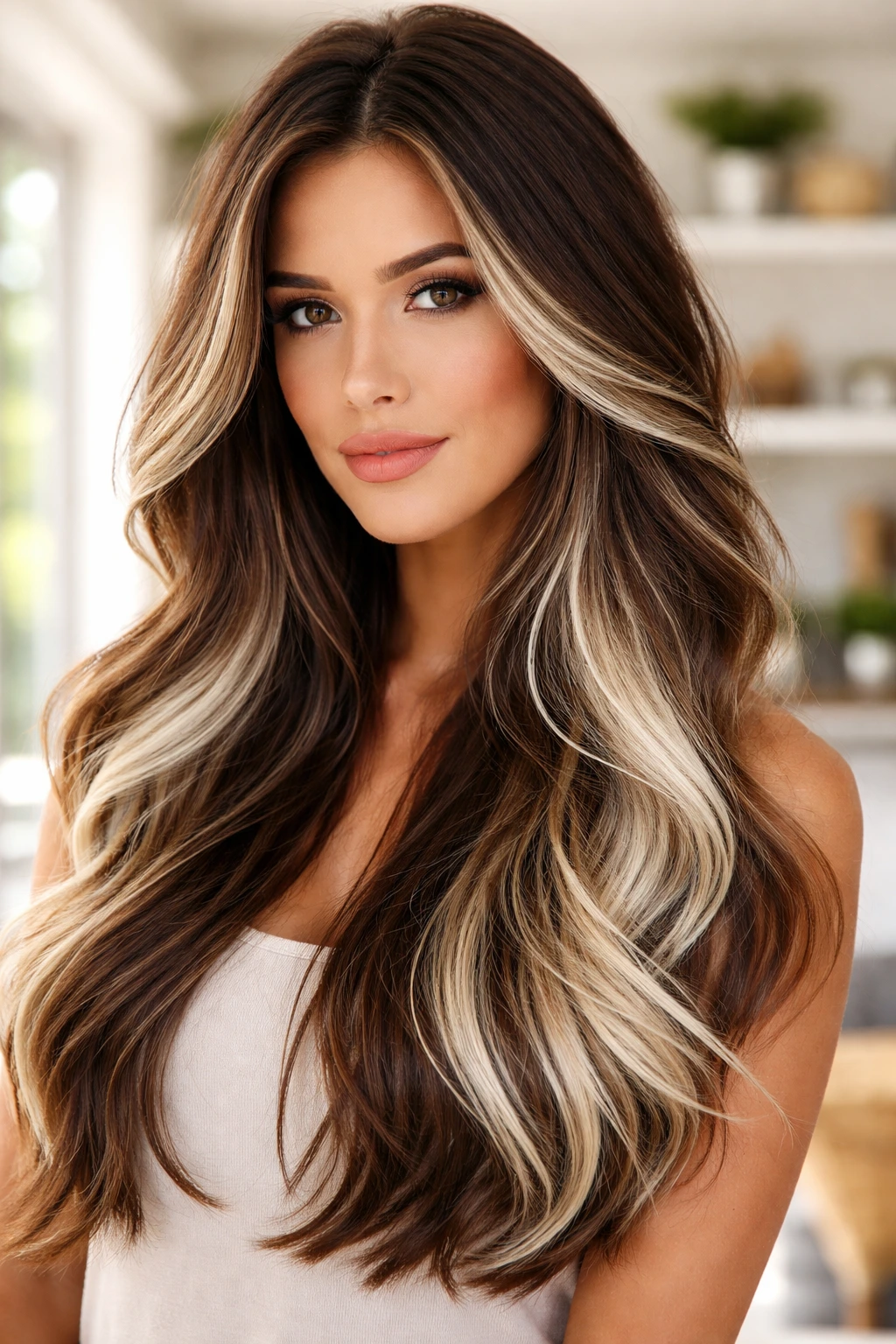 Close-up of a real woman with platinum ends on long layered hair