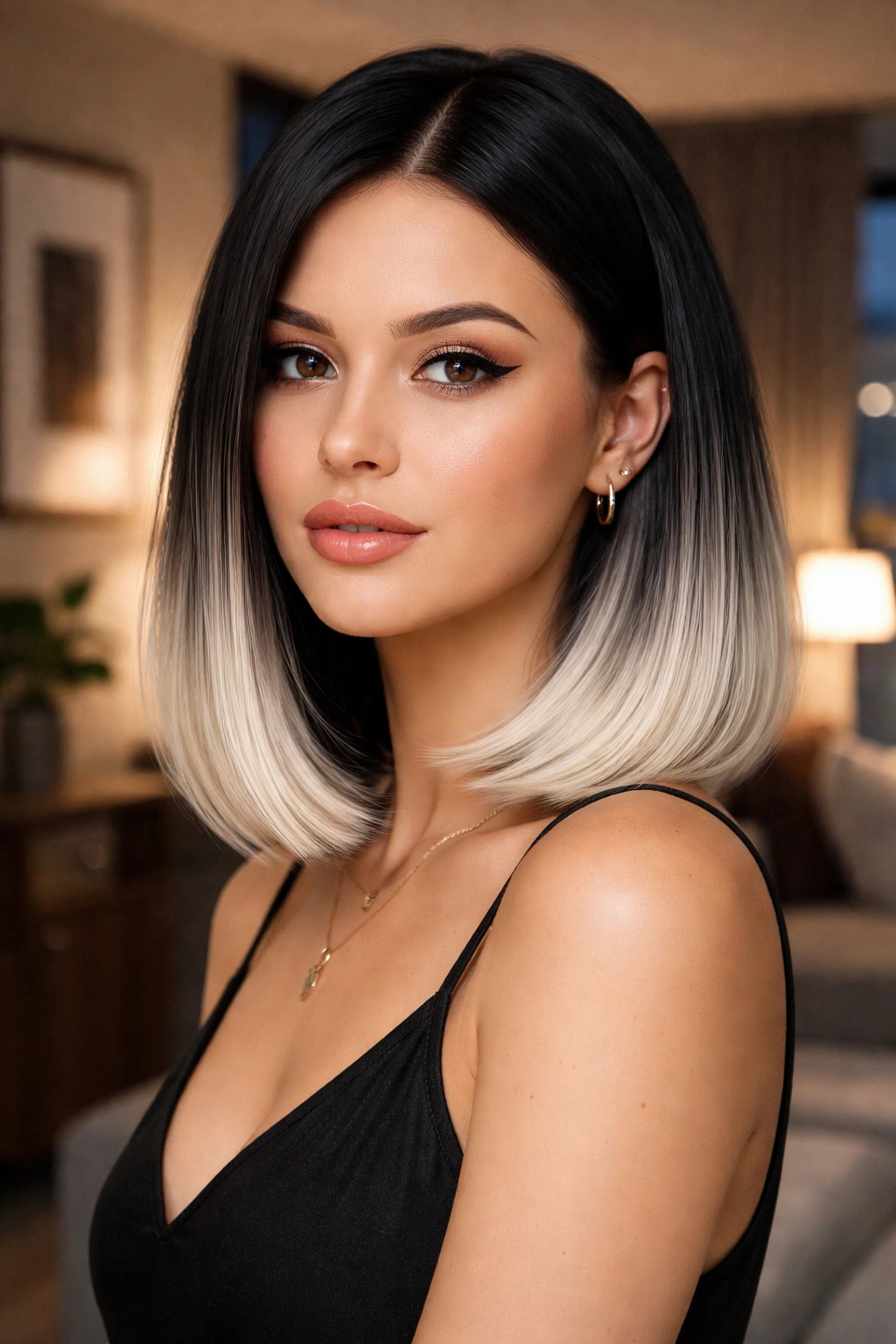 Close-up portrait of a real person with Sleek Black to Platinum Ends ombre on a blunt-cut bob.