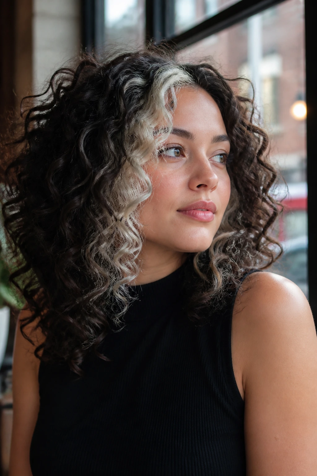 Close-up of a real woman with platinum face-framing strand among darker curls