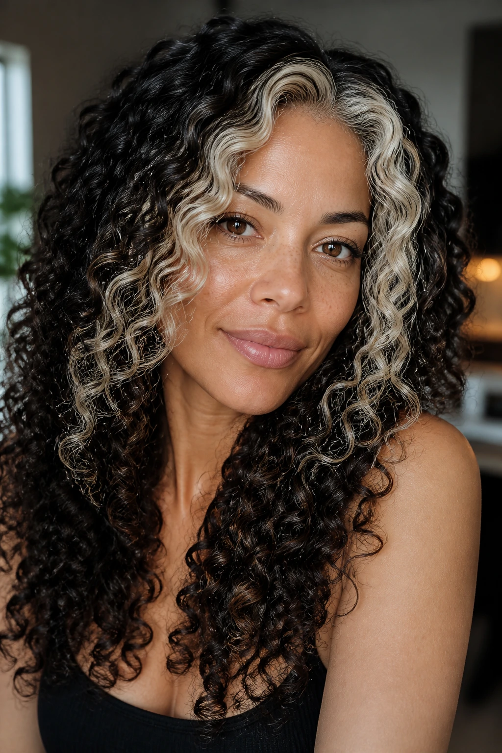 Platinum face-framing highlights on high-contrast curly hair
