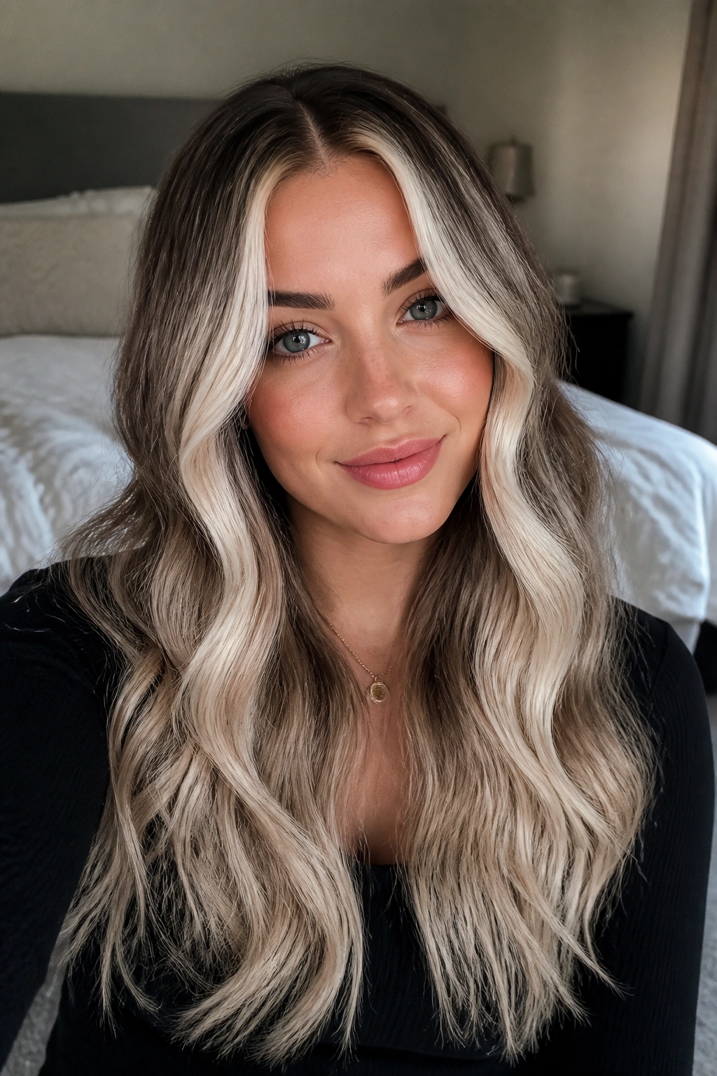 Platinum face-framing ombre close-up portrait of real woman with light front pieces around the cheeks