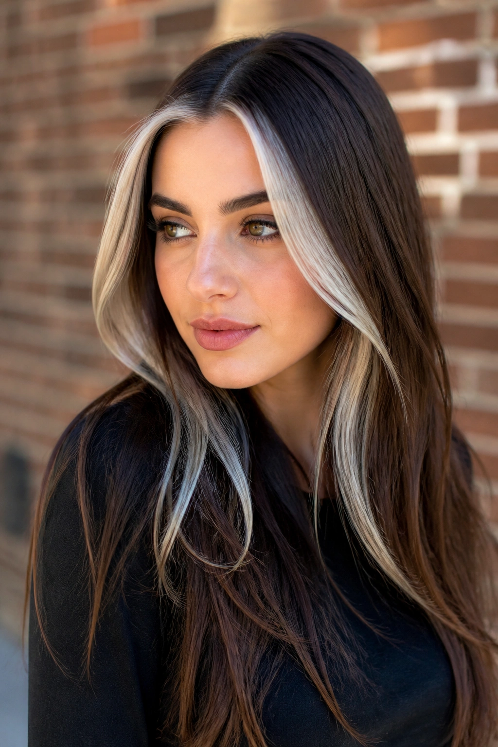 Portrait of a woman with platinum face-framing streaks in brown hair outdoors