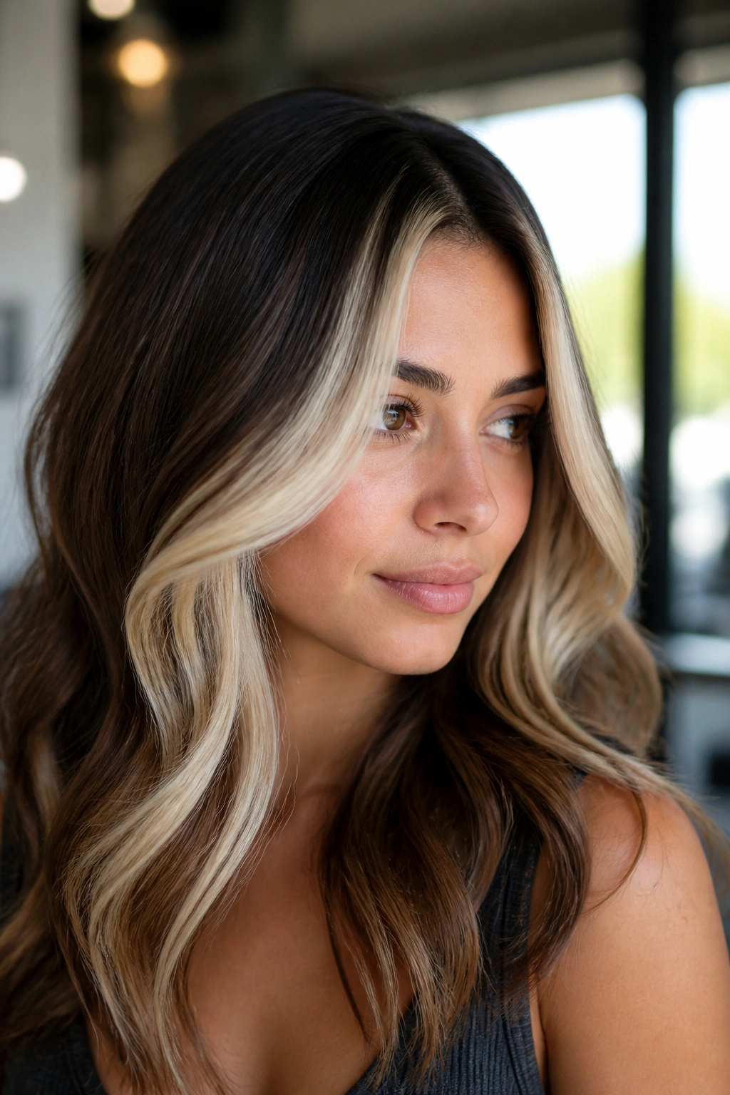 Close-up portrait of a real woman with platinum face-framing pieces near the hairline