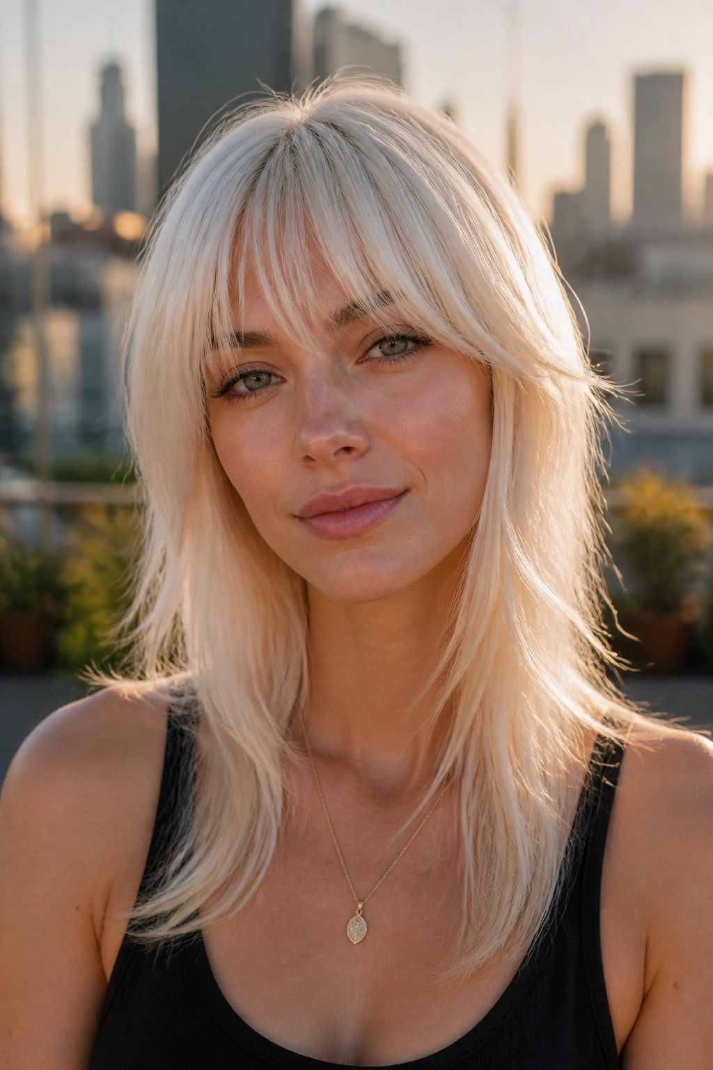 Close-up portrait of a real woman with feathered platinum bangs tapering ends in golden hour light.