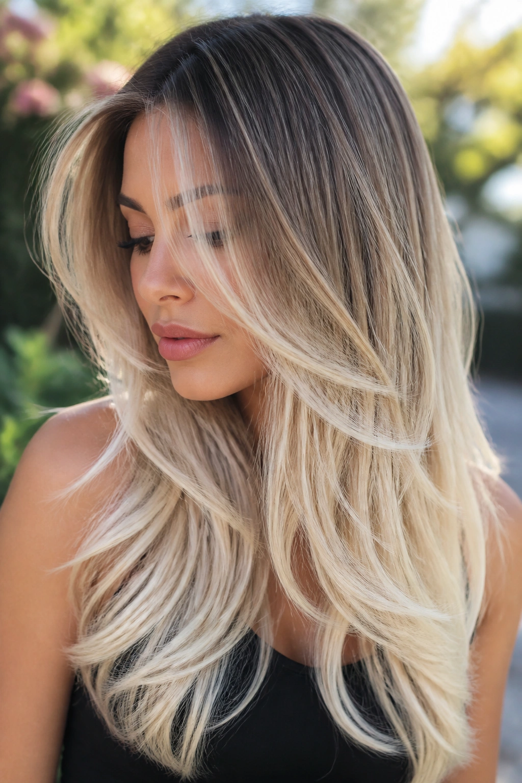 Close-up of real woman with platinum feathered ends in soft garden light