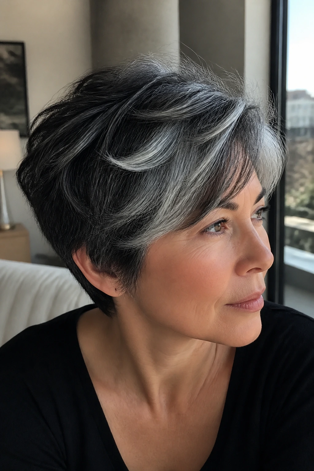 Portrait of black base hair with platinum-gray feathering around the crown.