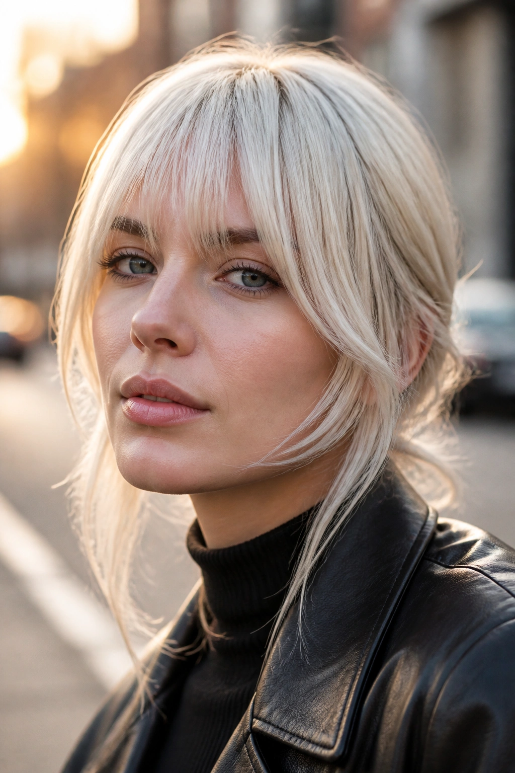 Close-up portrait of a real woman with cheekbone-grazing platinum fringe on soft contour.