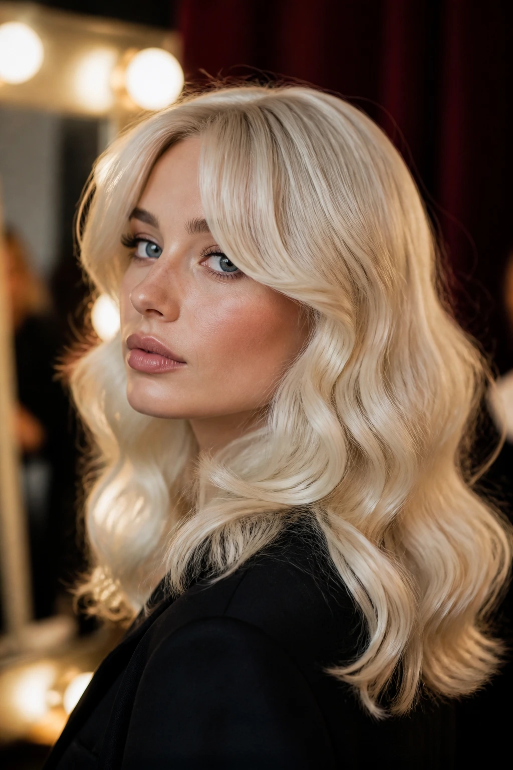 Close-up of a real woman with platinum Hollywood waves and a soft curtain fringe