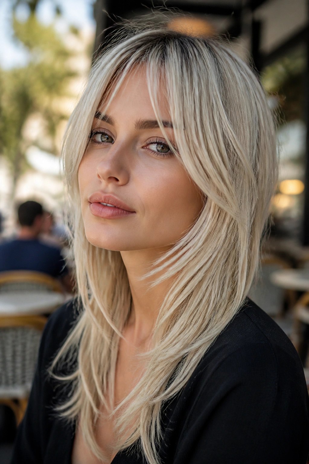 Real person with platinum peekaboo fringe and long front layers in daylight