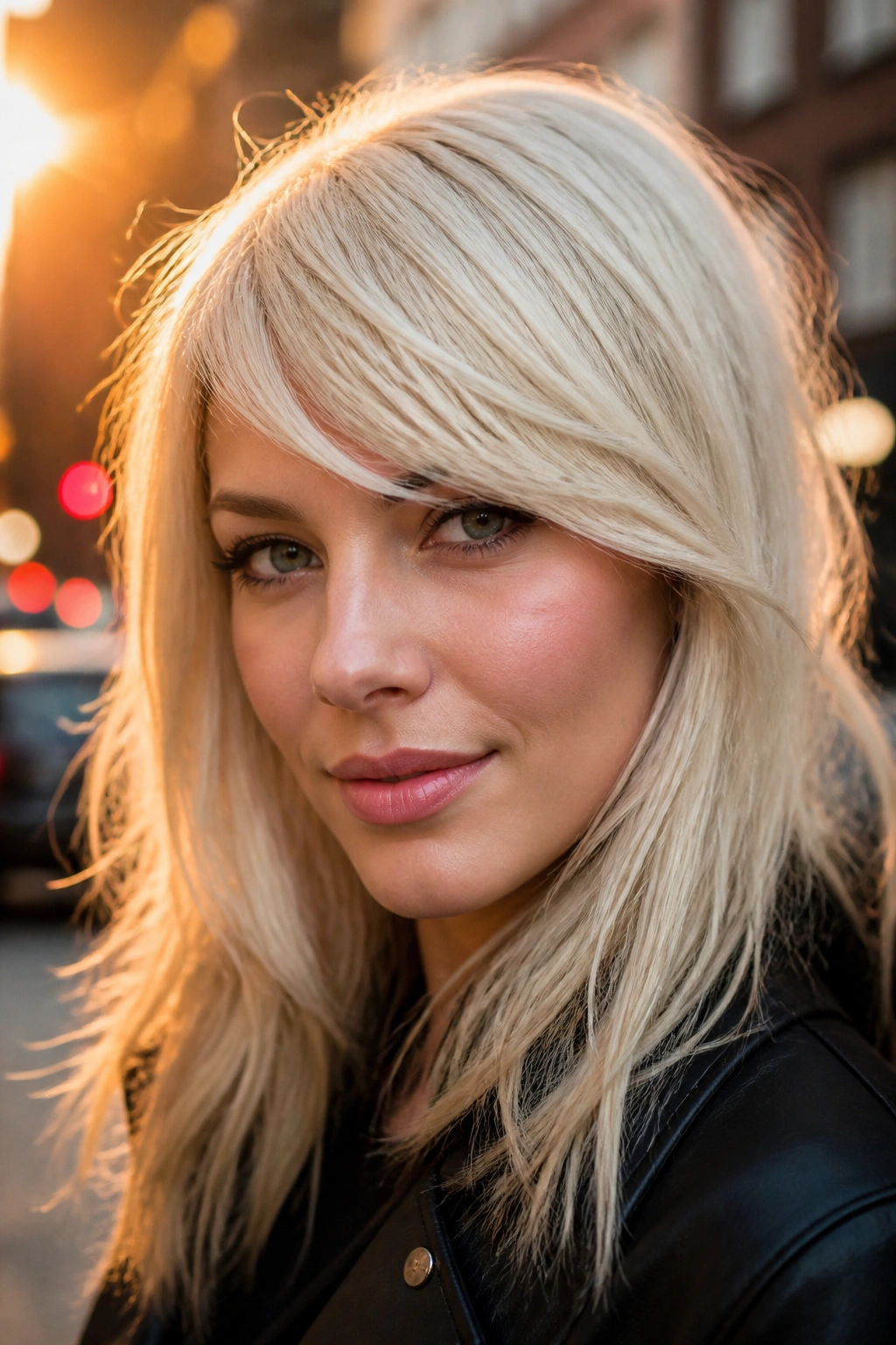 Portrait of woman with side-swept platinum fringe and soft bend.