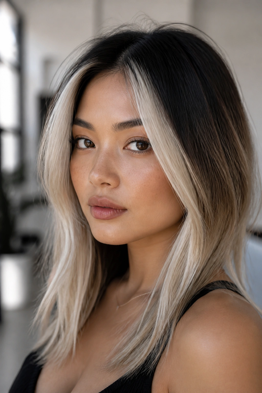 Portrait of a real woman with platinum front panels and a shadow root