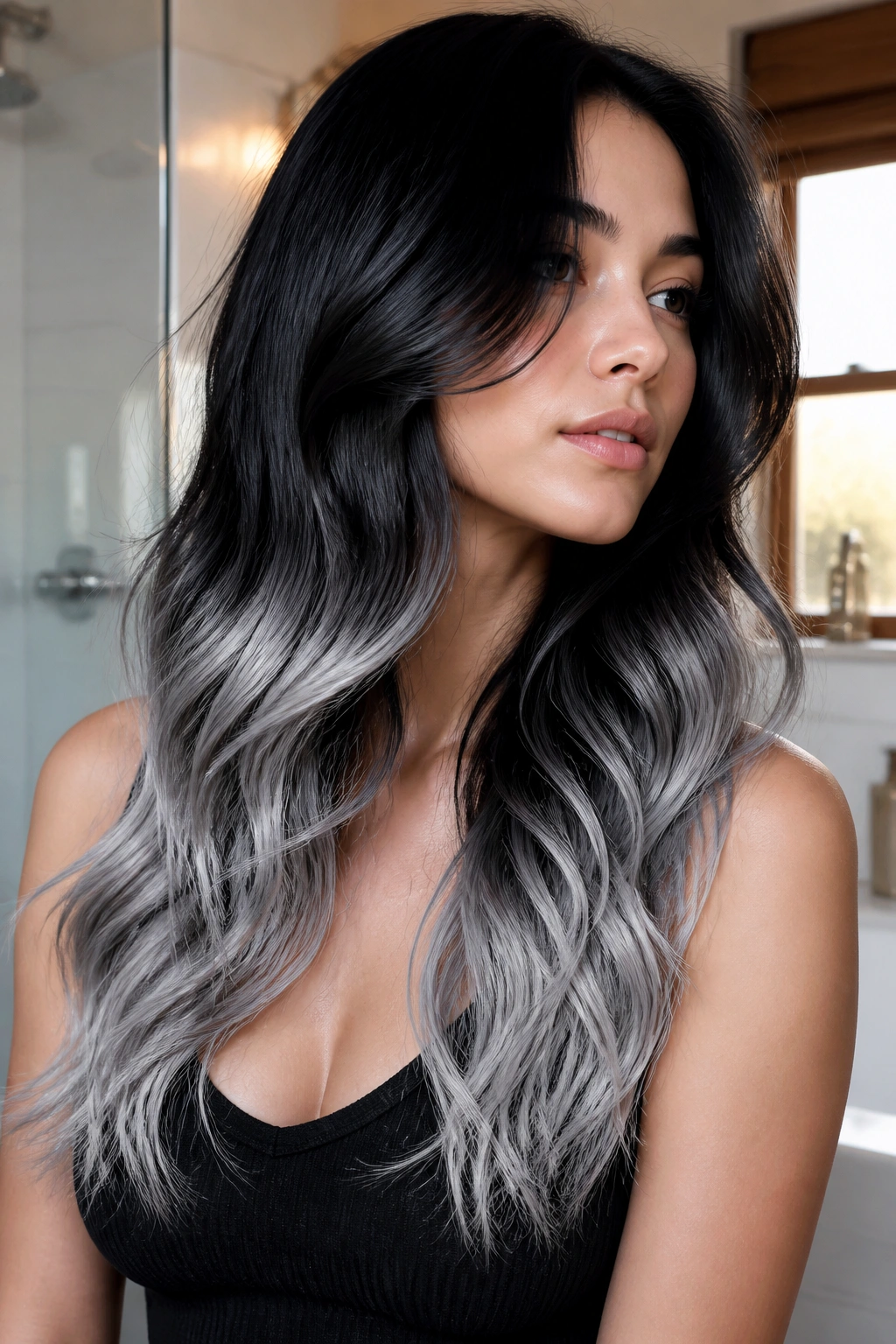 Close-up of black waves with platinum frost at the ends on a real person