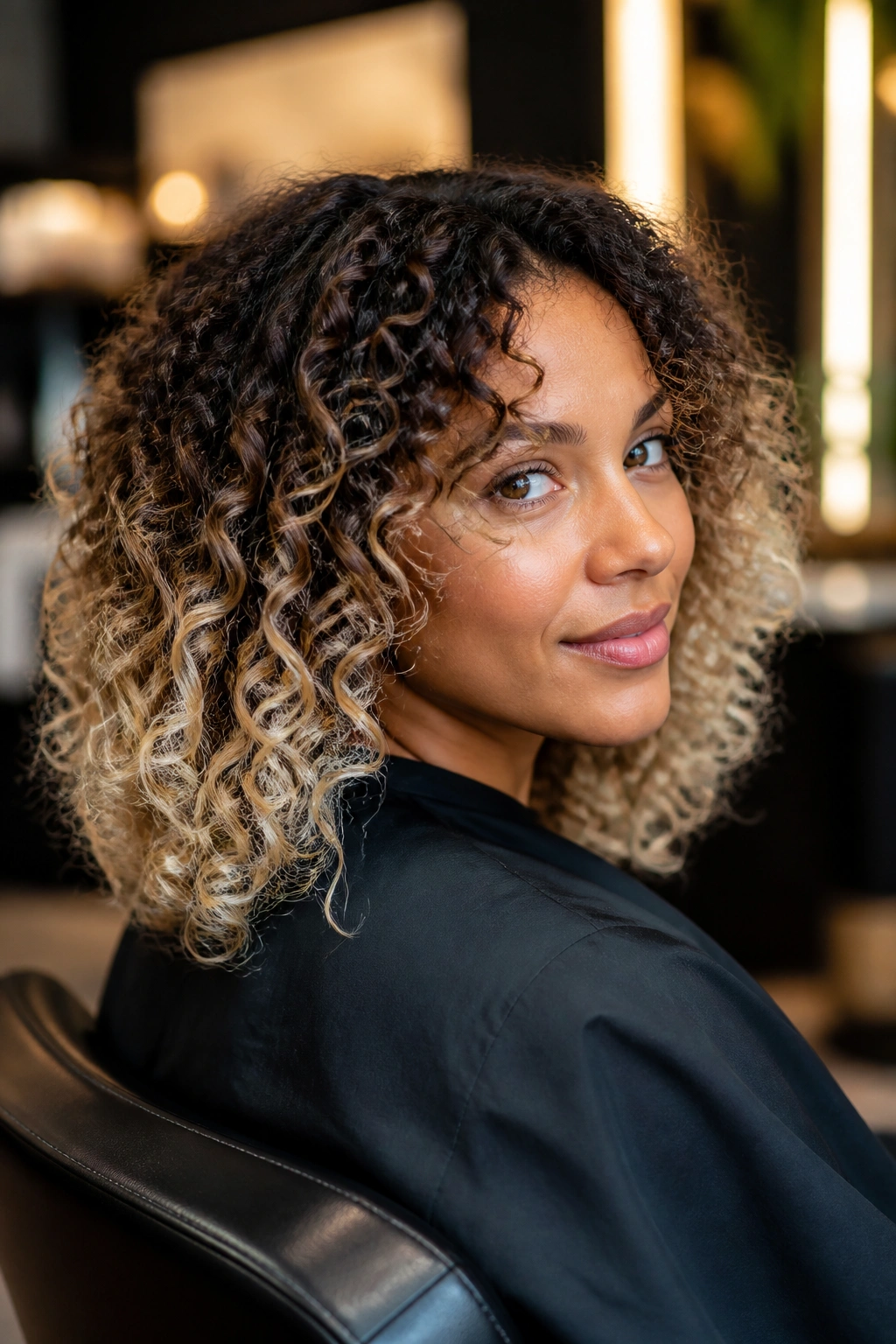Defined curls with platinum frosted tips on a real person