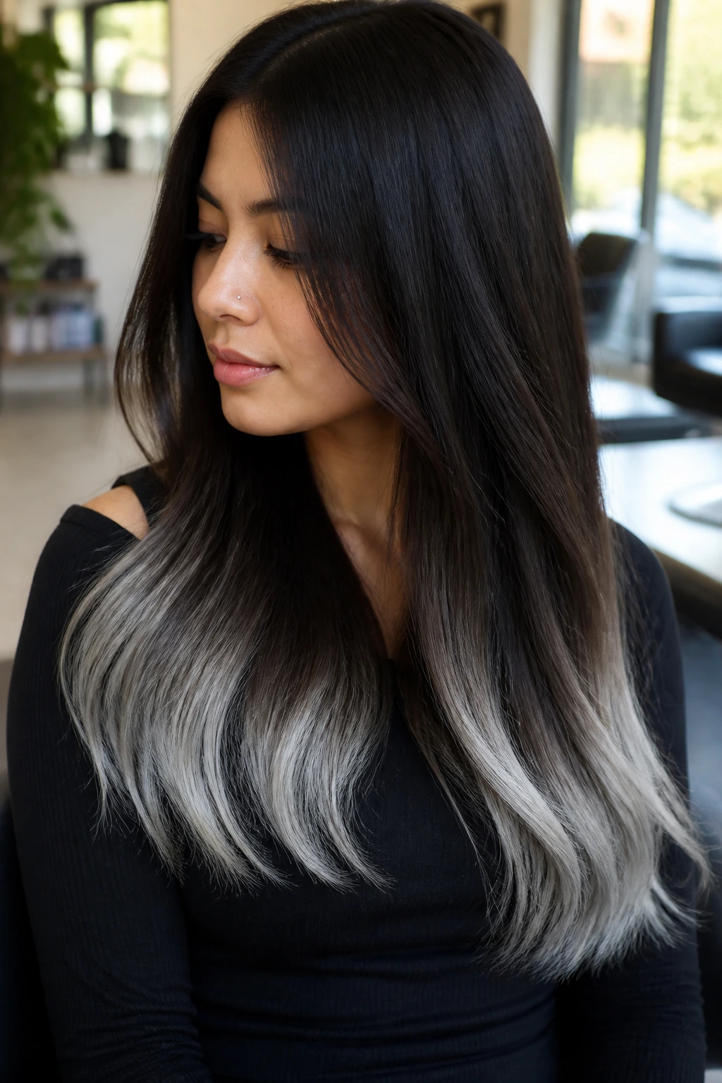 Close-up portrait of a real woman with deep brown hair and platinum-gray dip ends