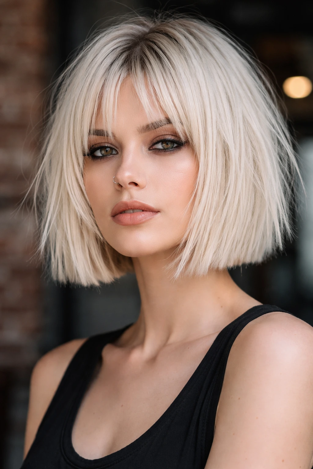 Close-up portrait of a real woman with a platinum grunge bob.