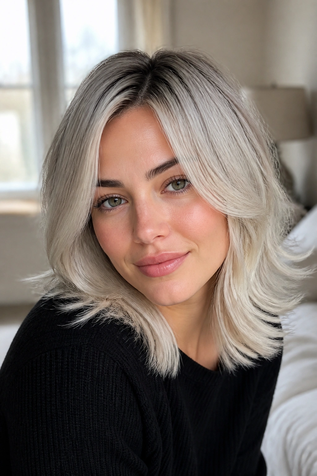 Close-up of real woman with smudged-root platinum hair and flipped-out ends