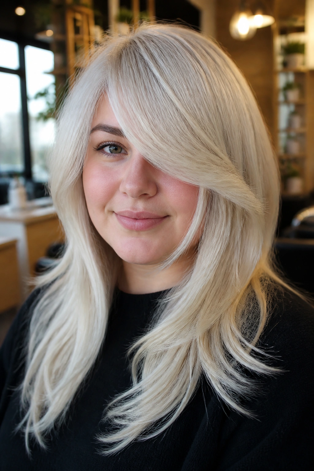 Close-up portrait of a real woman with side-swept platinum layers framing the face in a stylish salon.