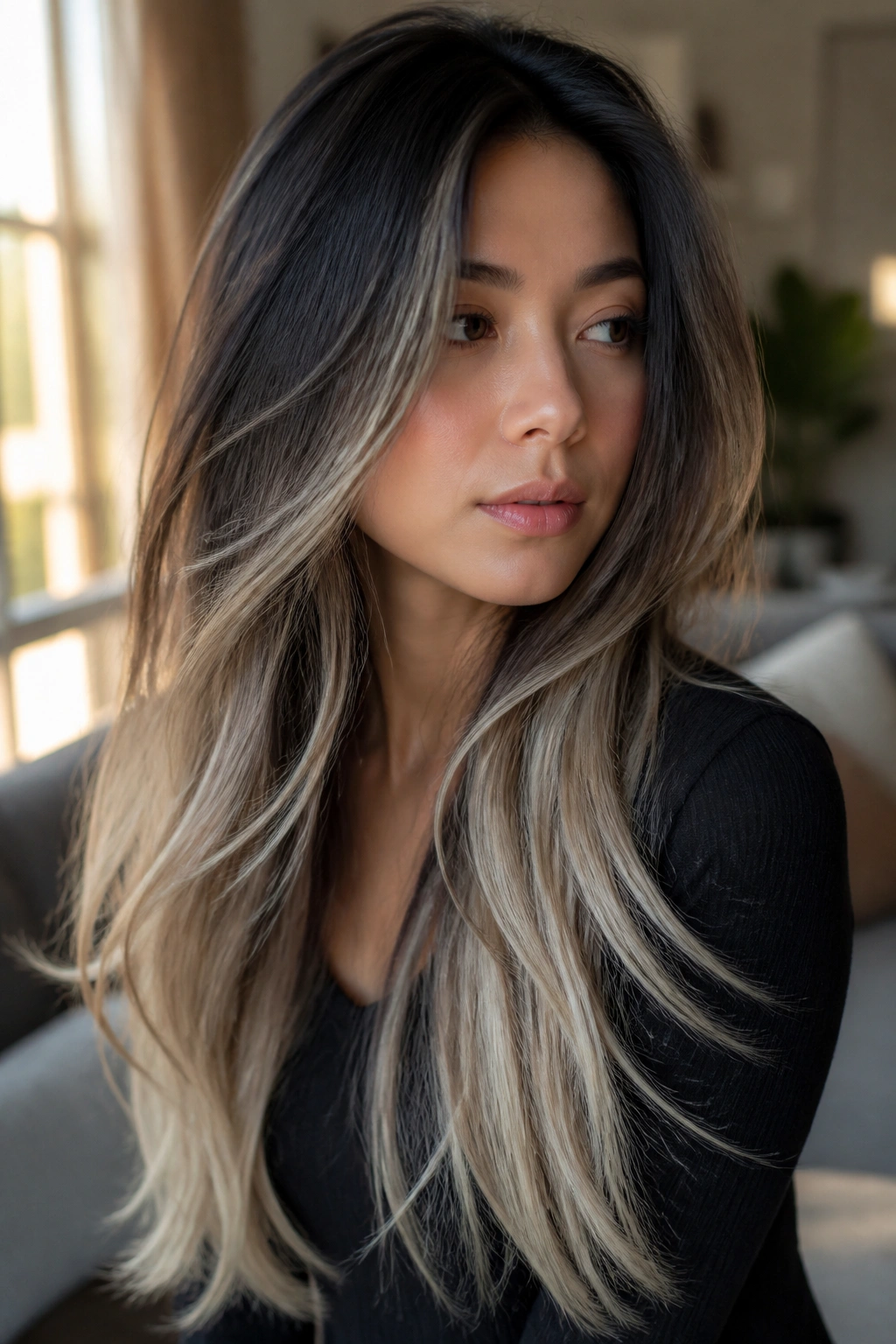 Close-up of a real woman with long layered hair featuring platinum-dipped ends against a warm home background