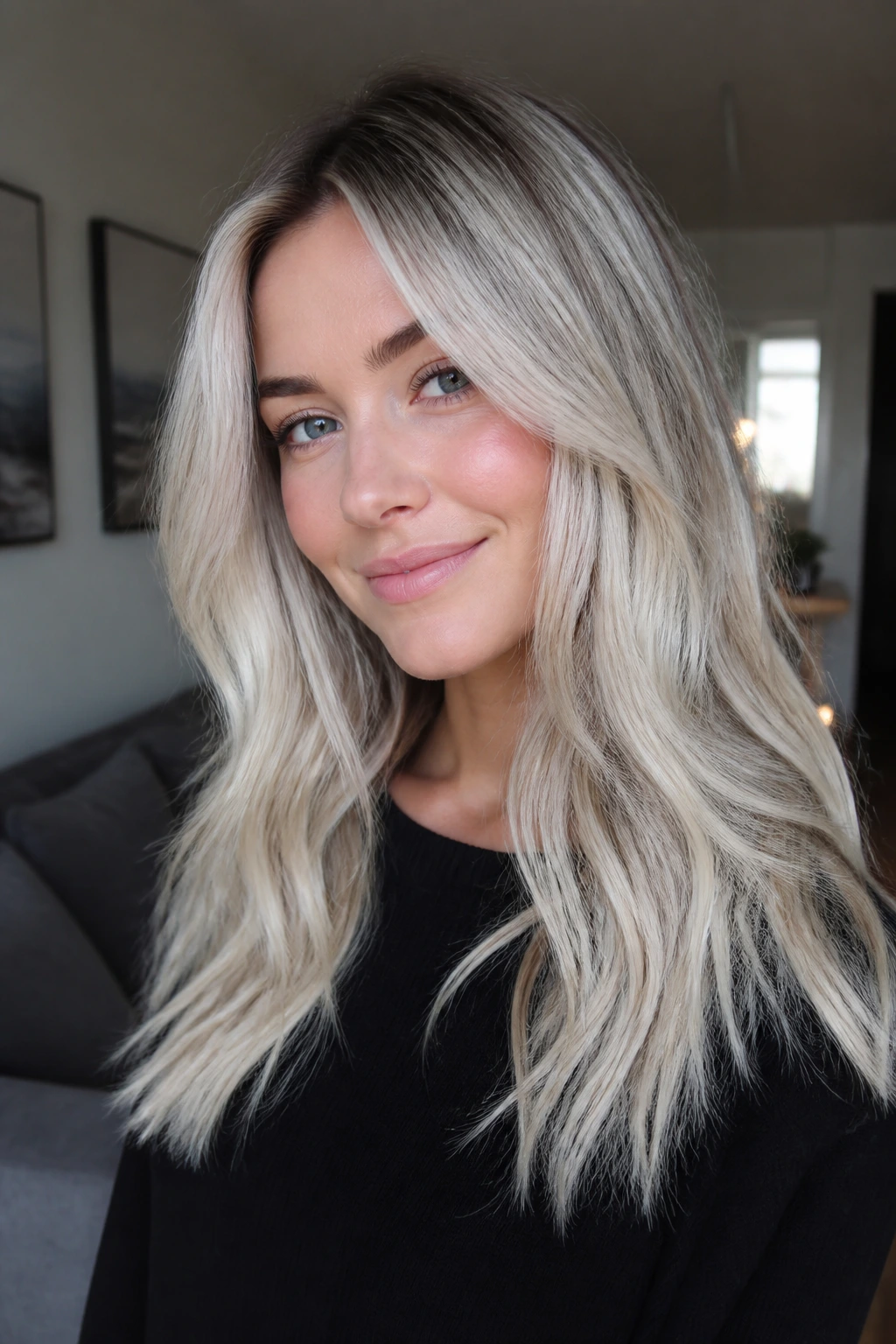 Close-up portrait of a real person with soft-lived-in platinum hair for cool skin tones in natural daylight