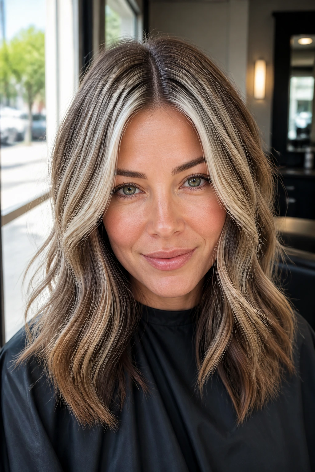 Close-up of platinum halo highlights around the crown of brown hair.