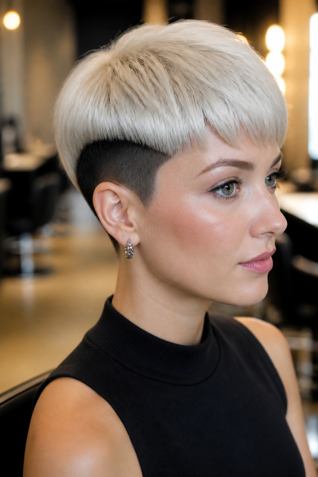 Portrait of a real person with platinum halo over a black undercut