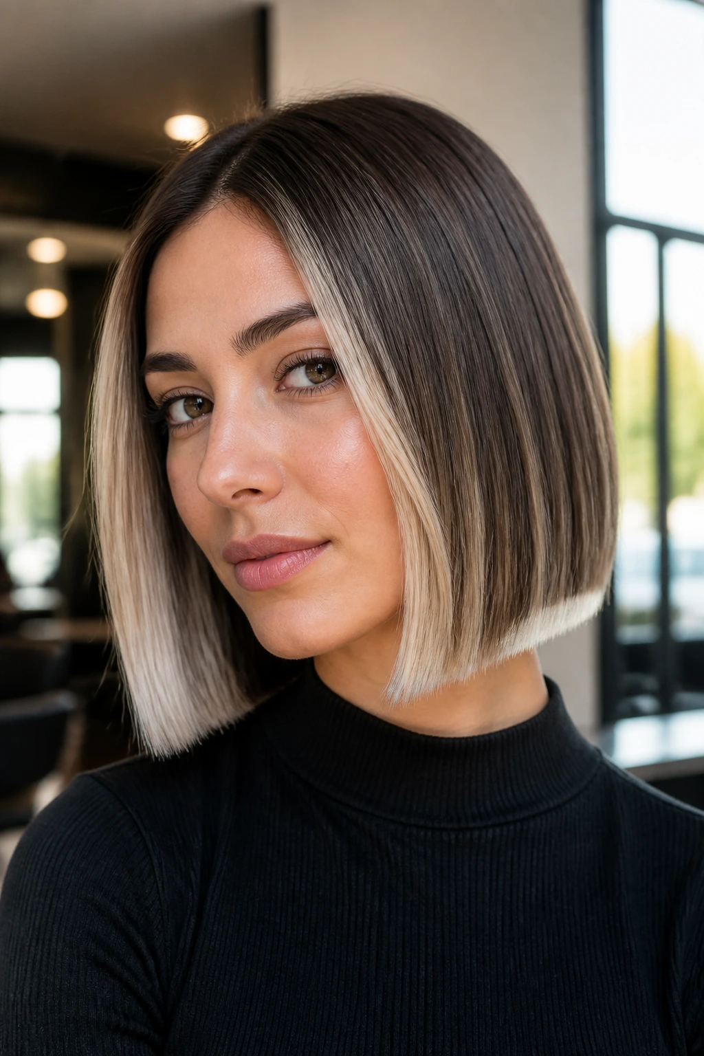 Close-up of blunt bob with platinum highlights along the perimeter