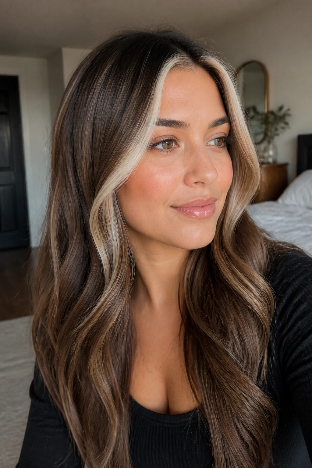 Close-up of a real woman with platinum face-framing highlights on brown hair by a window.