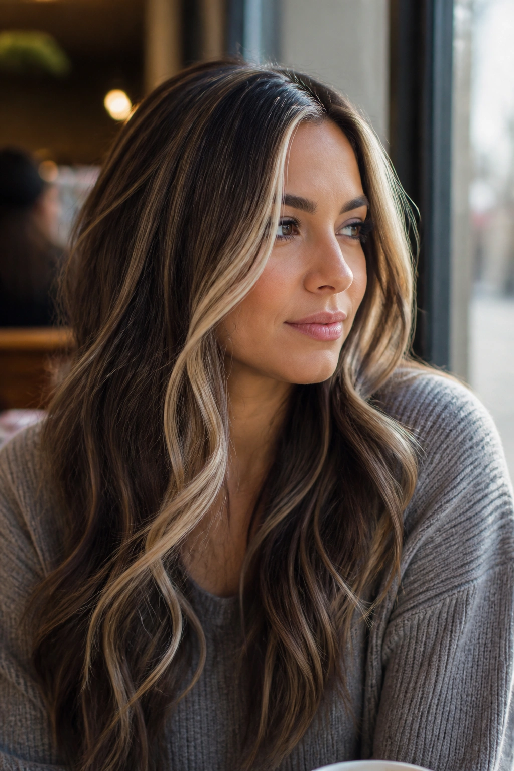 Close-up portrait of a real woman with long brunette hair and ribboned platinum highlights.