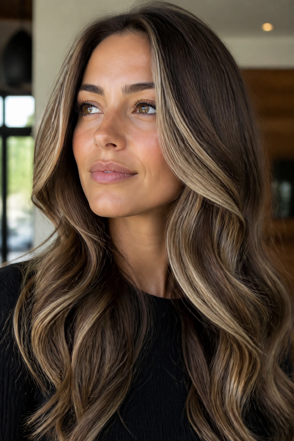 Close-up of chocolate brown hair with platinum highlights around the face