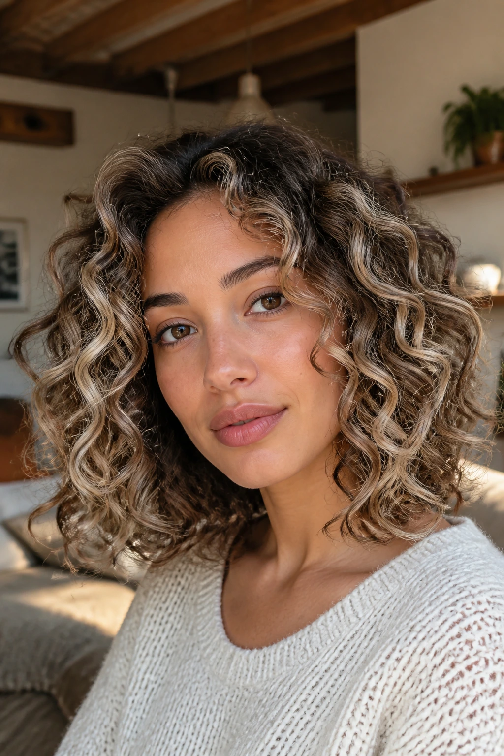 Close-up of curly brown hair with platinum highlights around the face