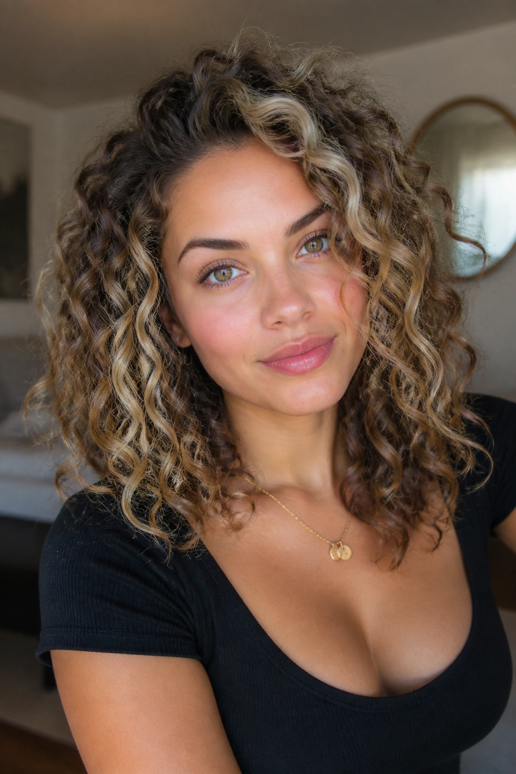 Real woman with curly brown hair featuring platinum highlights following curl pattern