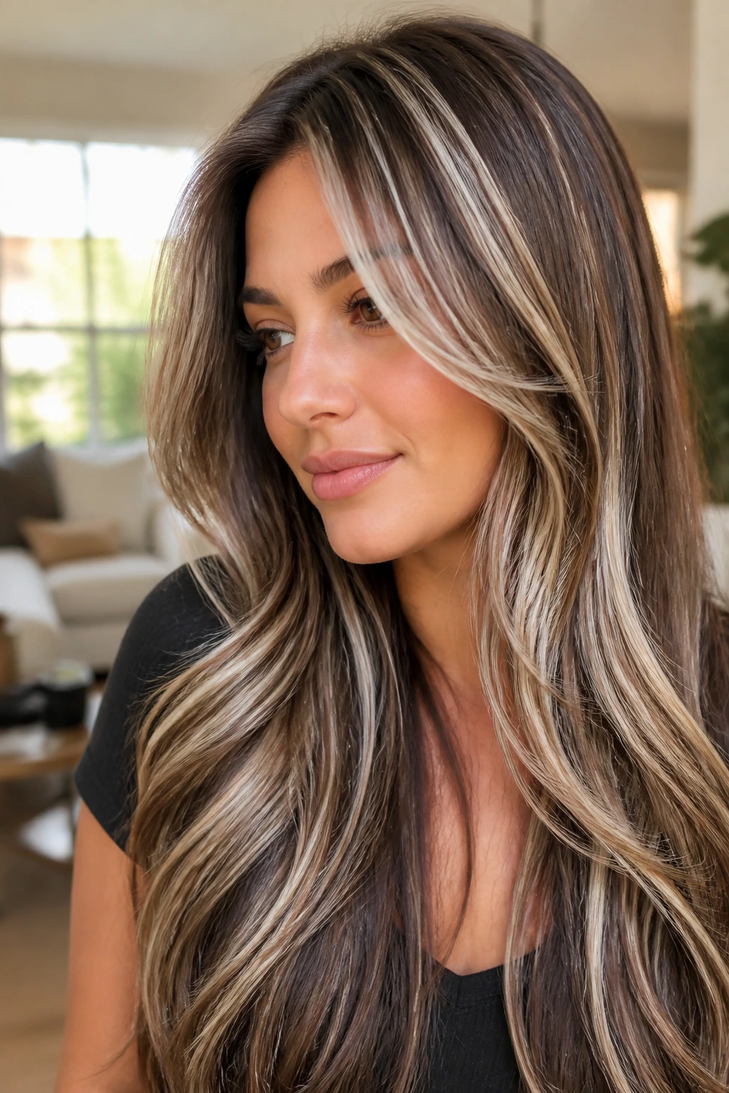 Close-up of a real woman showing long layered hair with mixed-width platinum highlights.