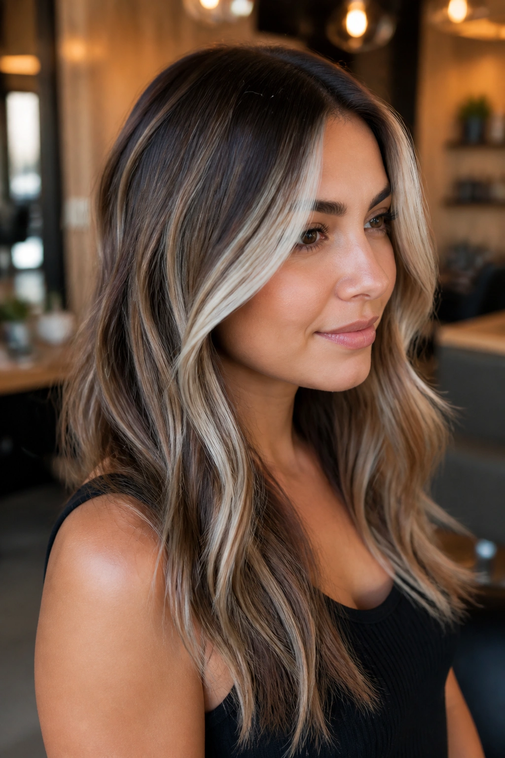Portrait of a real woman with platinum highlights placed on warm brunette hair around the face