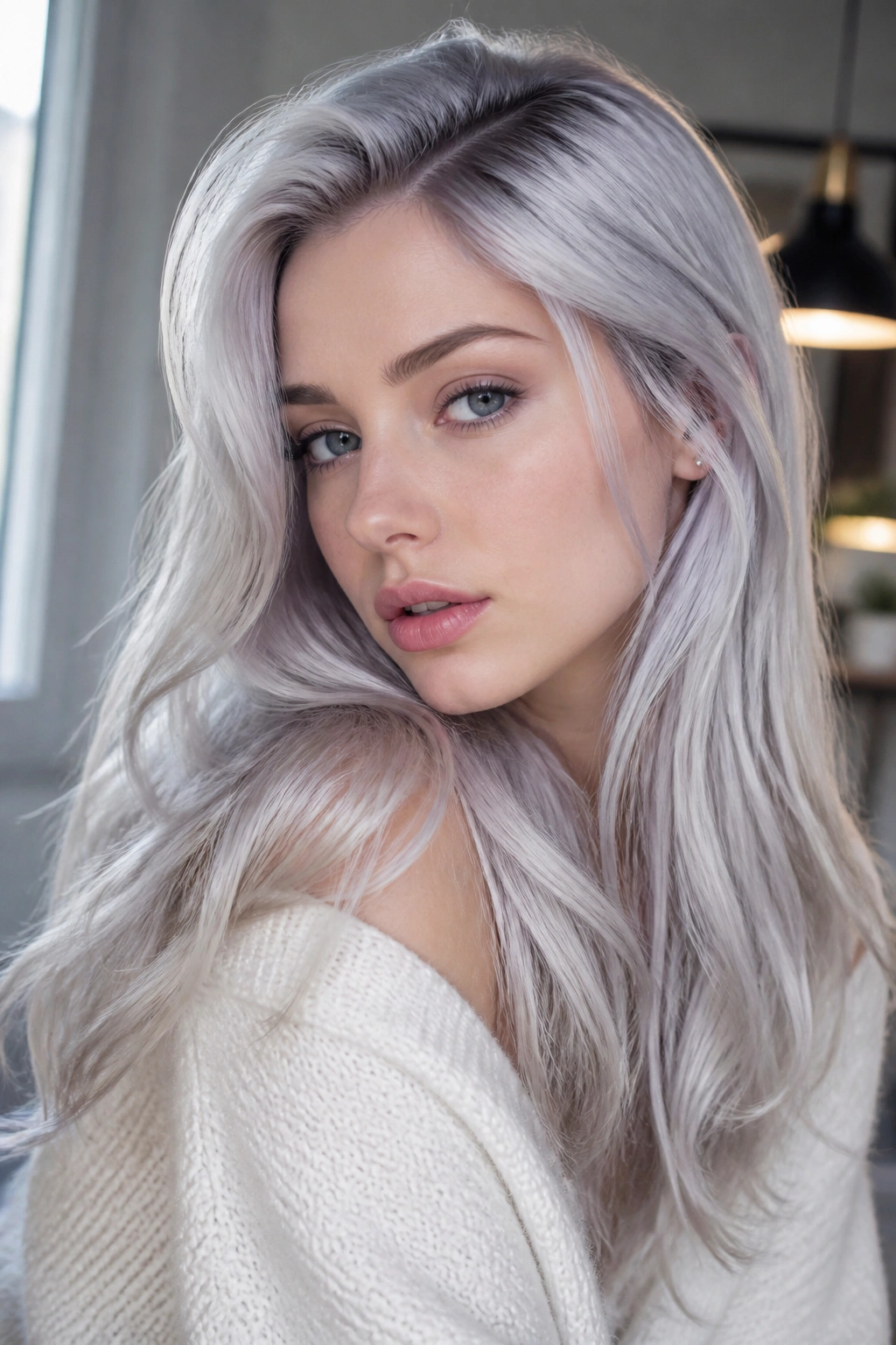 Close-up portrait of a real person with platinum ice blonde hair in soft window light.