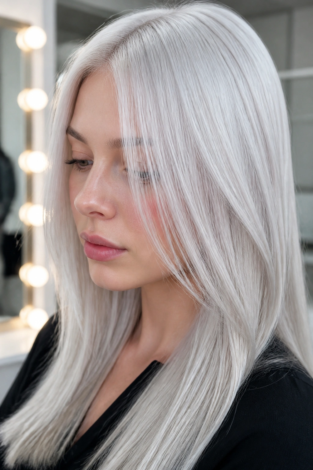 Portrait of person with platinum ice blonde and gray toner