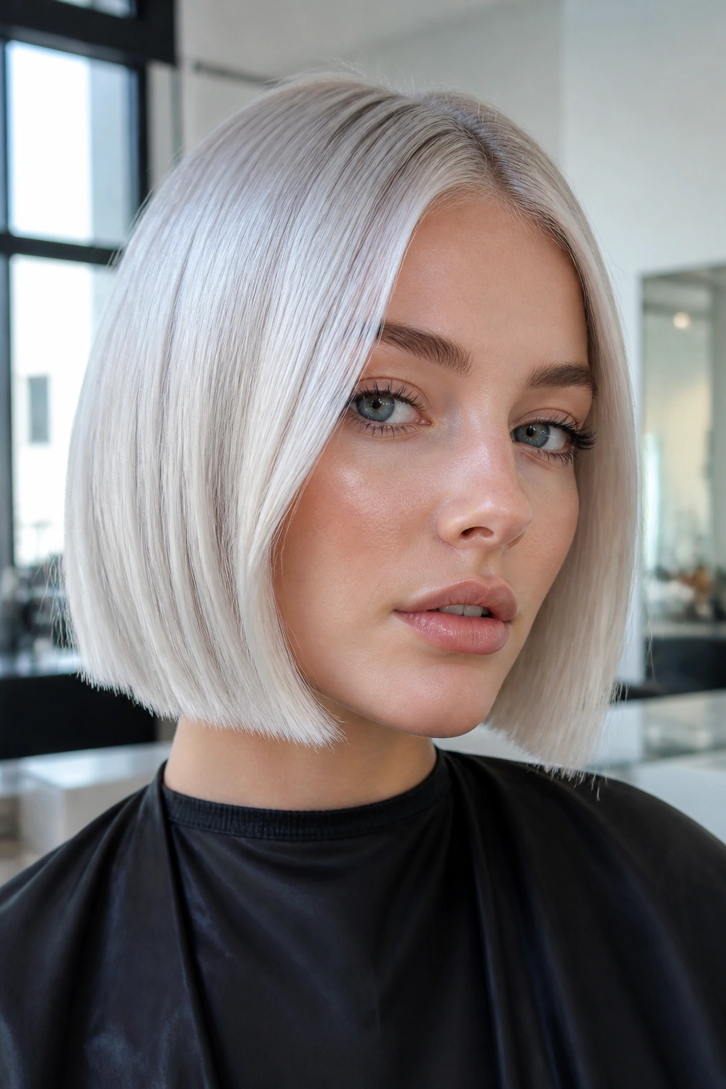 Close-up portrait of a real woman with platinum-ice silver blonde hair in a blunt bob with glossy finish.