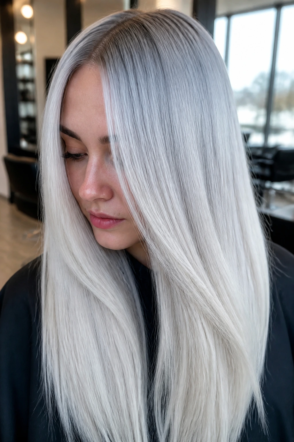 Close-up portrait of a real woman with long platinum ice melt hair from icy roots to pale ends