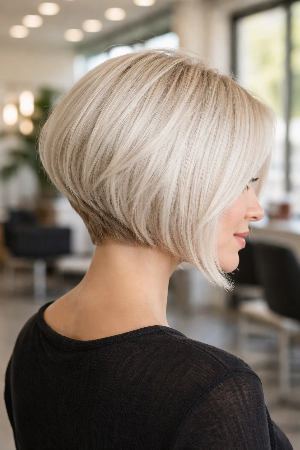 Close-up of a real woman with platinum inverted bob and stacked nape in a sunlit salon