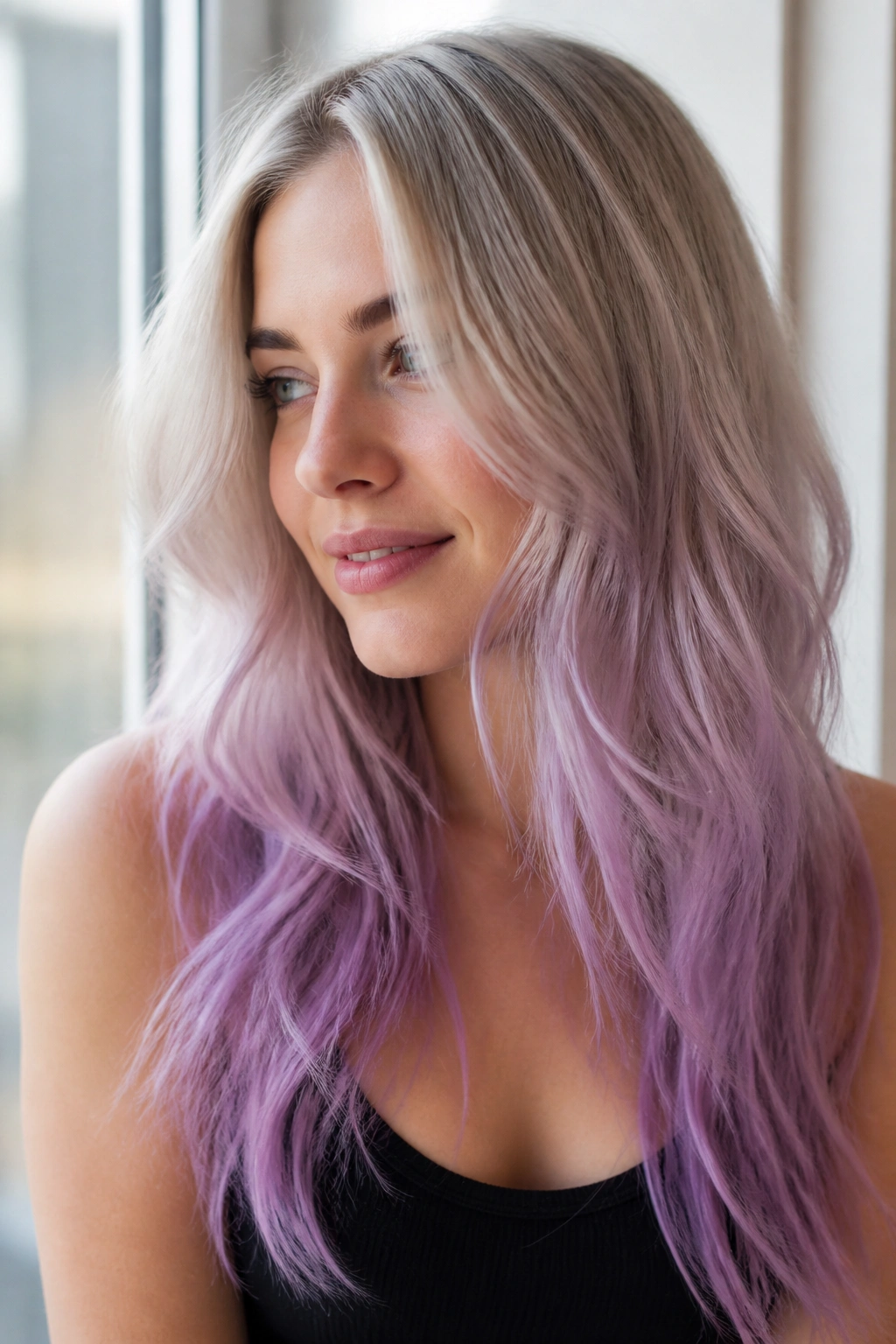 Close-up of platinum blonde hair fading to pastel lavender at the ends