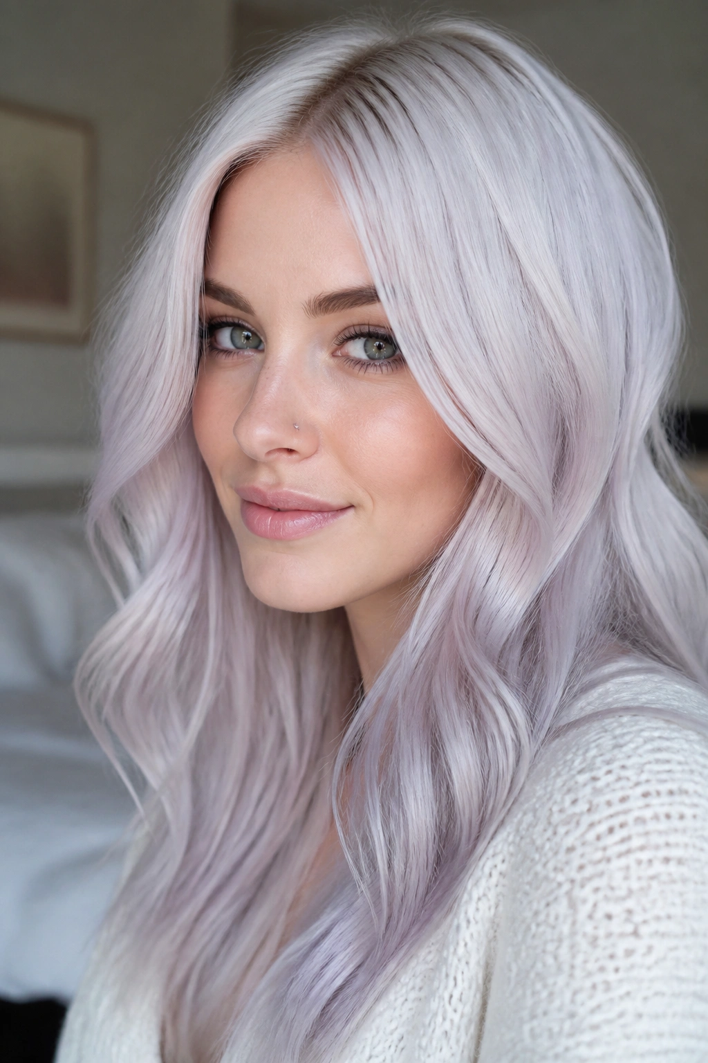 Close-up portrait of a real woman with icy platinum blonde hair and lavender glaze in natural window light.